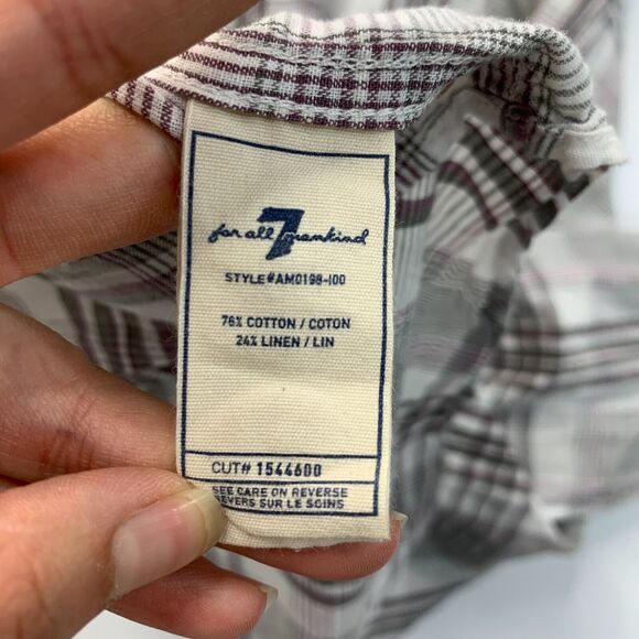7 For All Mankind Shirt Mens XL Extra Large Gray Plaid Cotton Linen Blend Button - Picture 9 of 11
